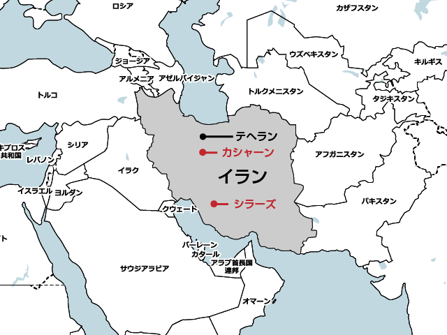 ダマスクローズの栽培が盛んなカシャーン地方、シラーズ地方の地図
